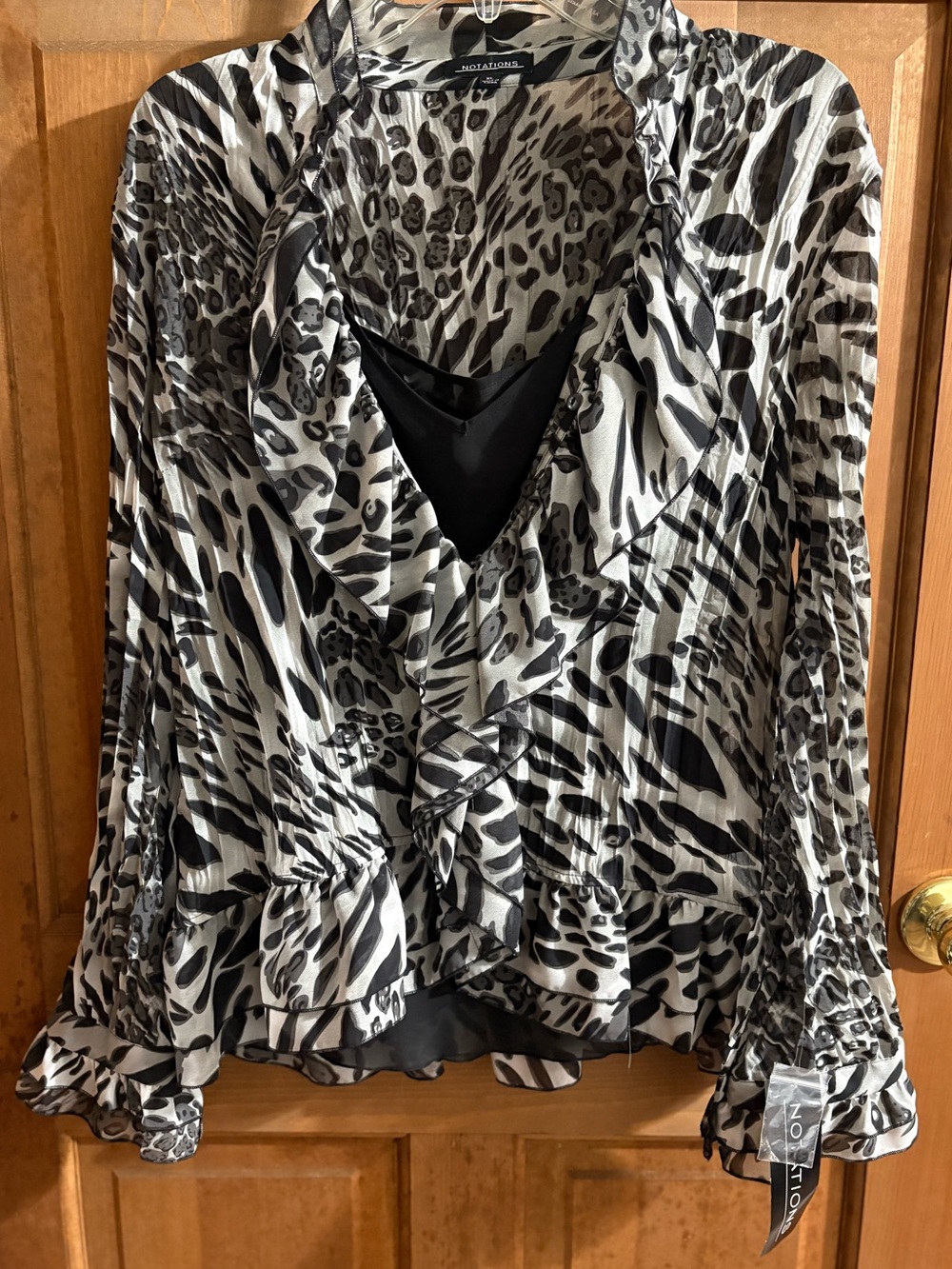 Notations Black and White Ruffled Animal Print Blouse